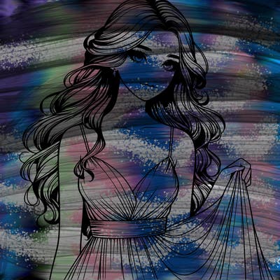 realistic girl in flowy silky prom dress