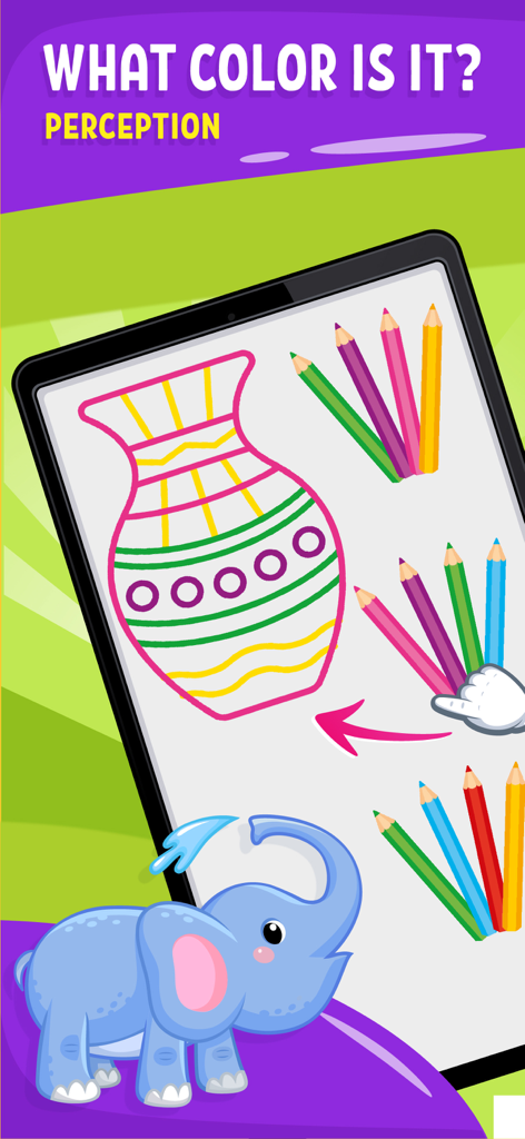 Pantalla de juego educativo para niños pequeños que muestra una actividad de colorear un jarrón para enseñar percepción del color
