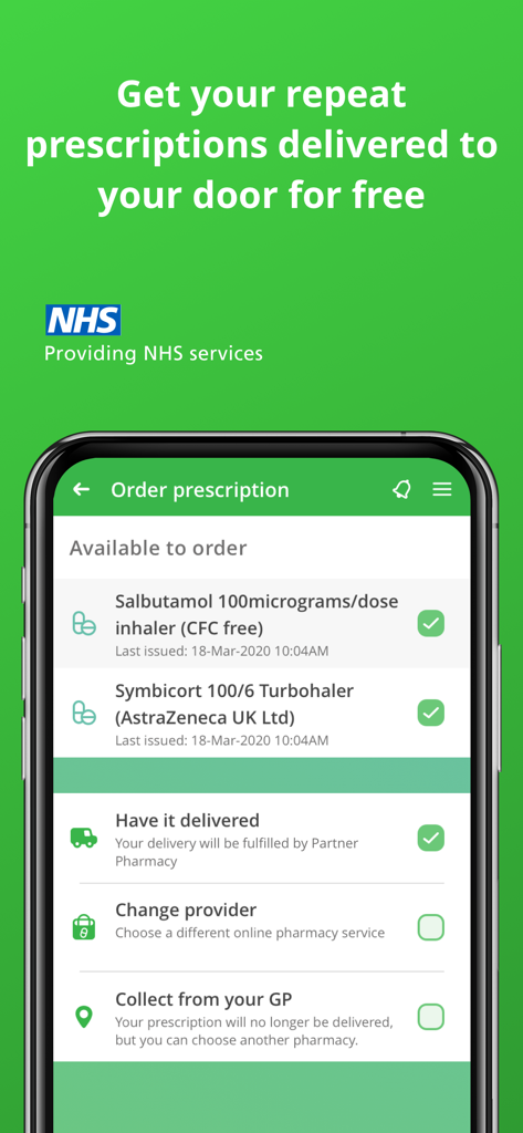 Evergreen Life PHR app interface showing NHS repeat prescription ordering and home delivery options