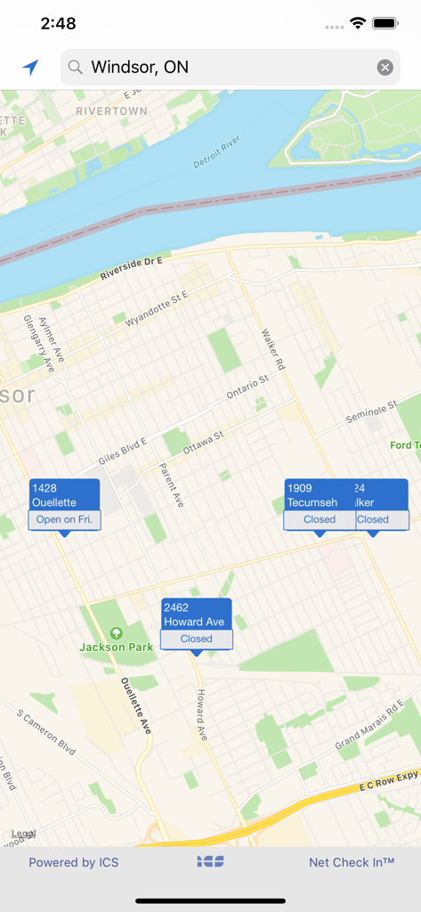 Med Labs of Windsor - Mobile app interface showing a map of Windsor Ontario with pinned medical lab locations and their current status