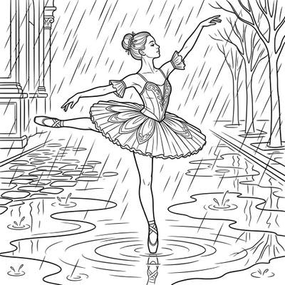 Experience the unexpected beauty of a ballet performance set against a moody rainy day. This intricate coloring page captures a dancer's elegance as she moves through glistening puddles.