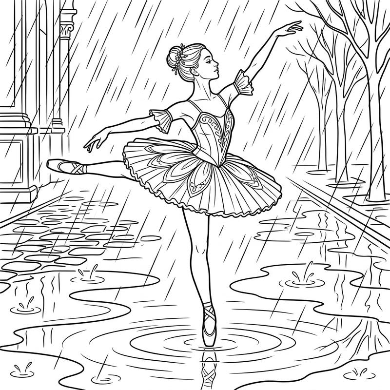 Experience the unexpected beauty of a ballet performance set against a moody rainy day. This intricate coloring page captures a dancer's elegance as she moves through glistening puddles.
