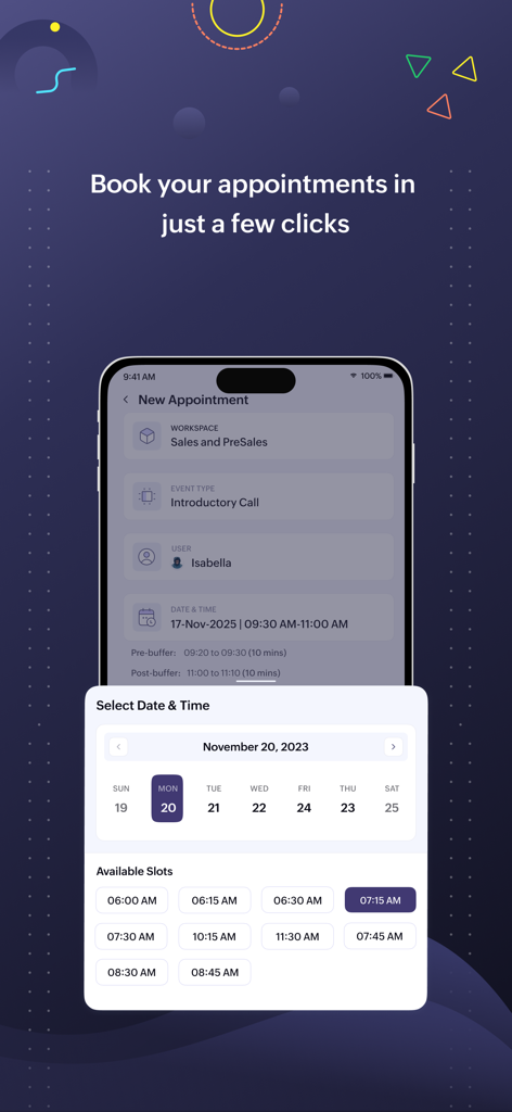 Zoho Bookings - Zoho Bookings mobile interface showing the date and time selection for a new appointment