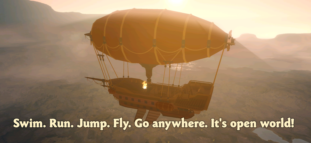 Wilderless: Dune Barrens - An airship flying over a desert landscape during sunset in the open world game Wilderless Dune Barrens