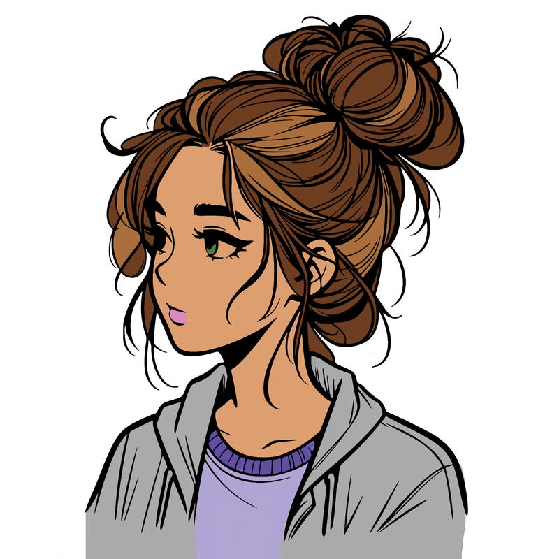 realistic teenage girl with a messy bun