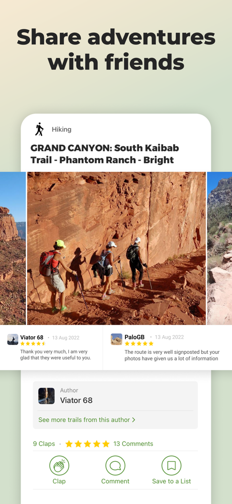 Wikiloc app interface showing shared Grand Canyon hiking trail with photos and community reviews
