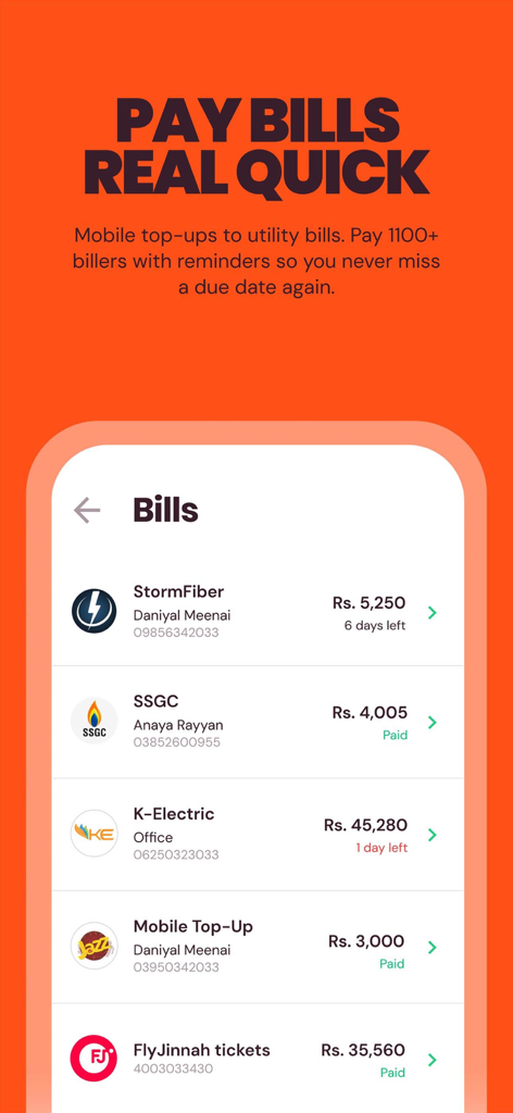 Interface of the NayaPay app showing a list of utility bills and mobile top-ups with payment status.