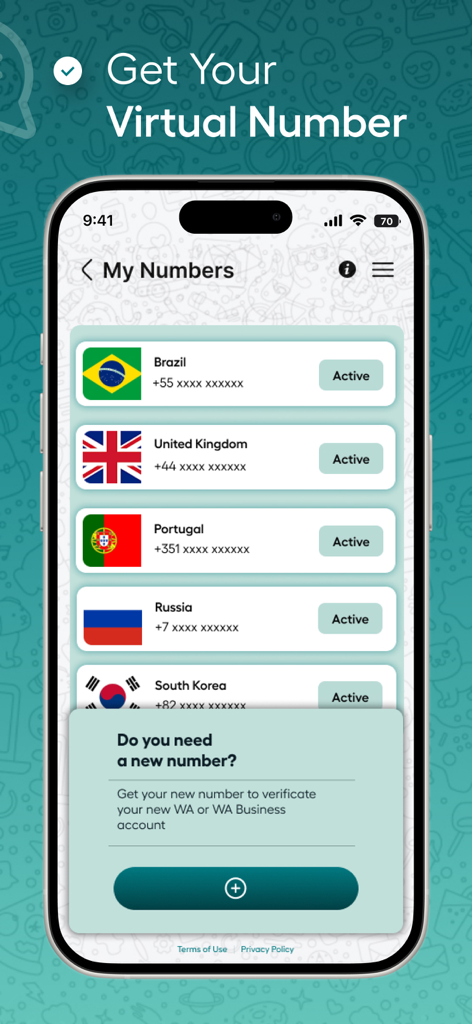Pantalla de la aplicación SimWa mostrando múltiples números de teléfono virtuales activos para varios países