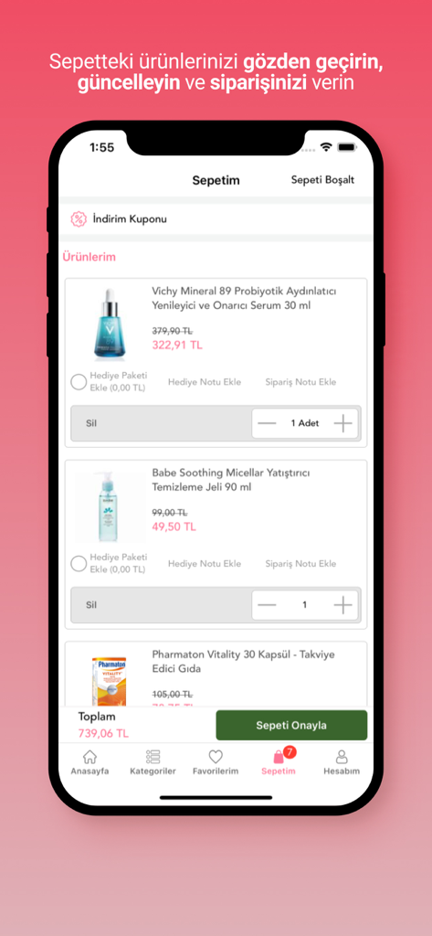 DermoEczanem - DermoEczanem App-Warenkorbseite mit Hautpflege-Seren und Vitaminen