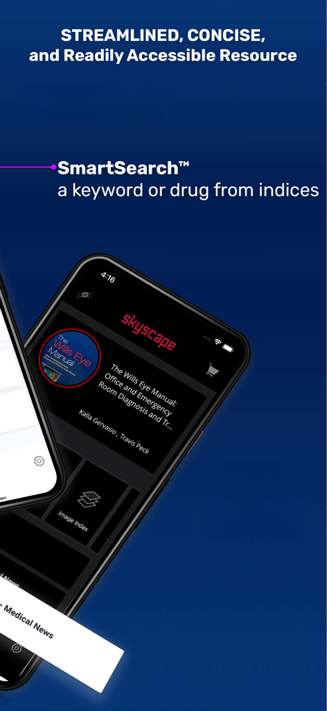 The Wills Eye Manual - The Wills Eye Manual mobile app interface on an iPhone highlighting the SmartSearch feature for medical keywords and drugs.