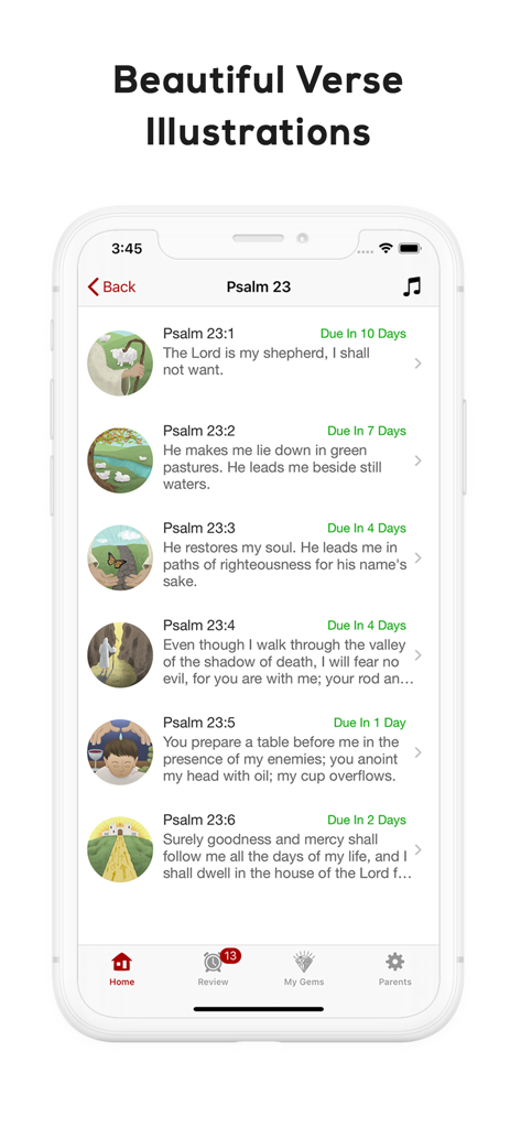 Bible Memory Kids - Bible Memory Kids app screen showing Psalm 23 verses with corresponding illustrations