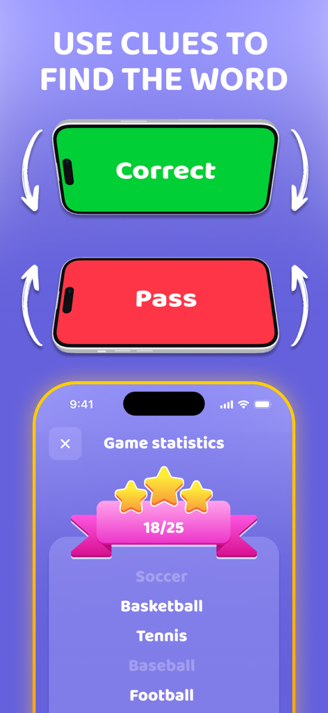 Una captura de pantalla que muestra los controles de inclinación para el juego Headbands y la pantalla de estadísticas del juego con listas de palabras deportivas.