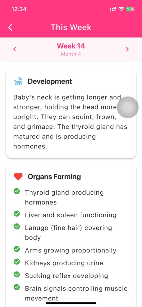 Pregnancy Calculator & Tracker - Week 14 pregnancy tracker screen showing baby development details and organ progress checklist.