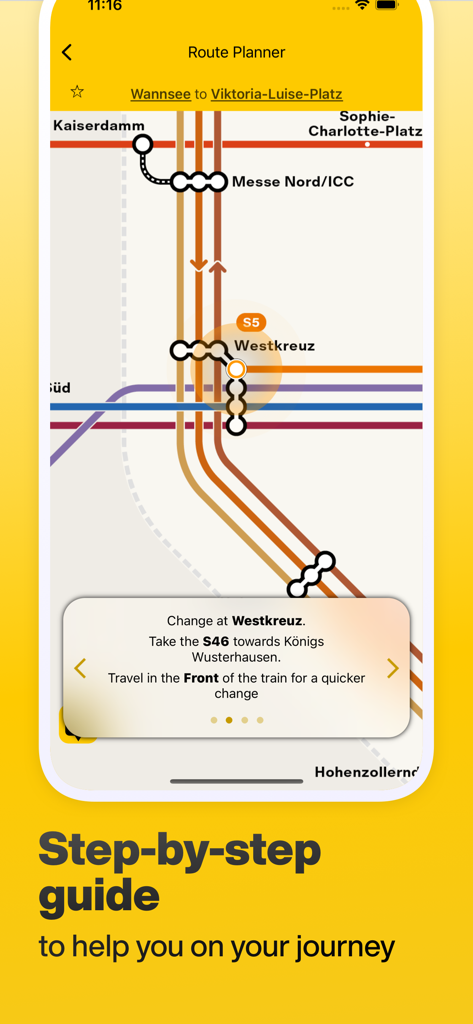 ベルリン地下鉄アプリ。スムーズな乗り換えのためのドア位置指示付きのステップバイステップルートガイドが表示されています