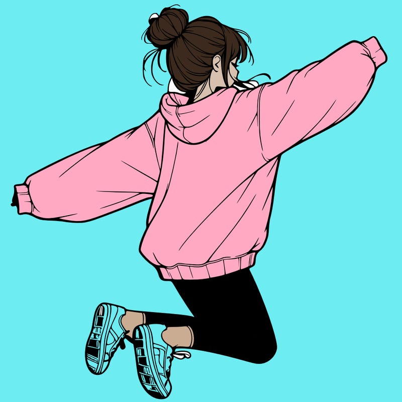 realistic girl jumping with a bun and oversized sweatshirt