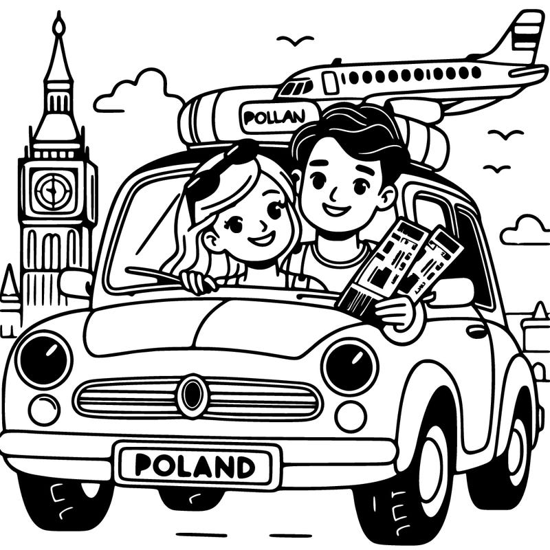 a couple in a car with plane tickets to poland