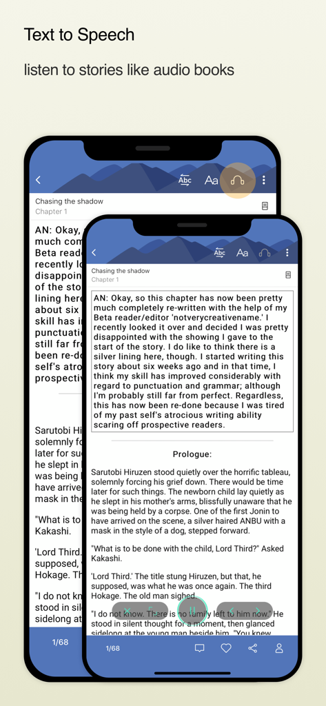 Mobile interface of the FanFiction.Net app highlighting the text to speech feature for listening to stories like audiobooks.