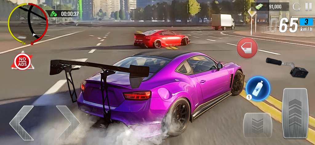 City Driving and Drifting Star - Un coche deportivo morado derrapando por las calles de la ciudad con humo de neumáticos y elementos de la interfaz del juego en City Driving and Drifting Star