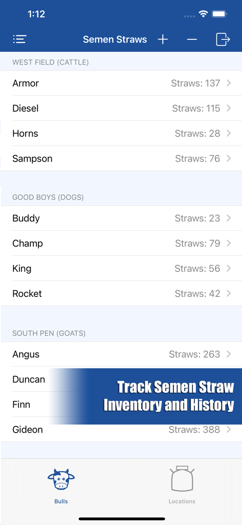 HerdBoss - HerdBoss app screen for tracking semen straw inventory and history across multiple species including cattle dogs and goats