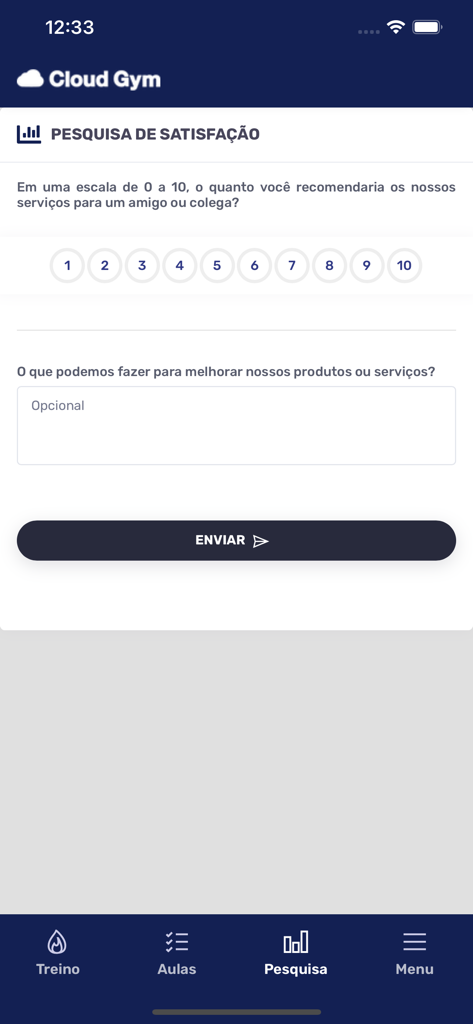 Cloud Gym - Tela de pesquisa de satisfação do app Cloud Gym com escala de avaliação de 1 a 10 e campo de feedback.