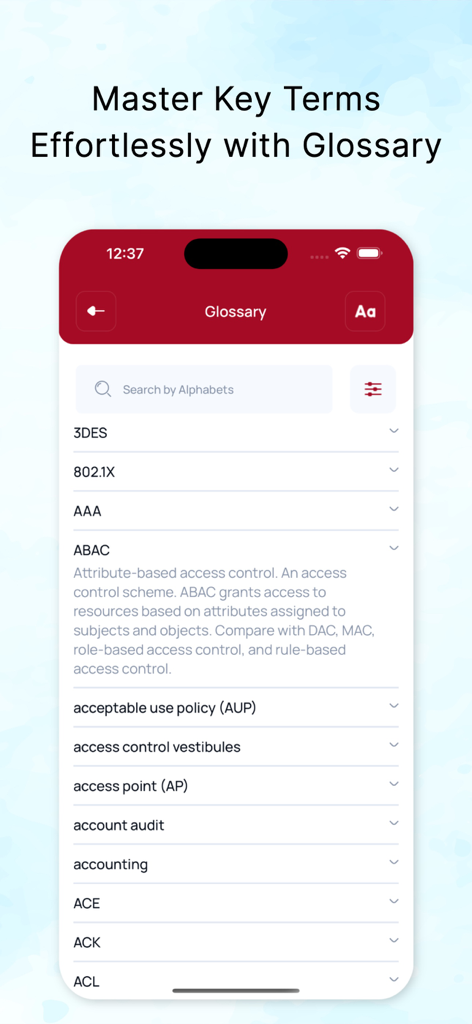 CompTIA Security+ by LearnZapp - Mobile app interface showing a glossary of cybersecurity terms for the CompTIA Security+ exam with a definition for ABAC.