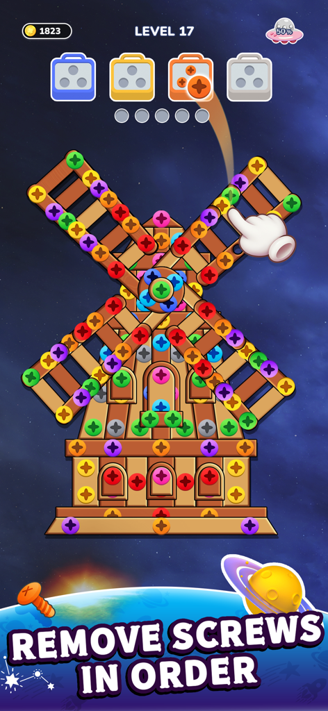 Screw Master: Color Nuts Jam - A logic puzzle game screen showing a wooden windmill structure with colorful screws and sorting boxes at the top.
