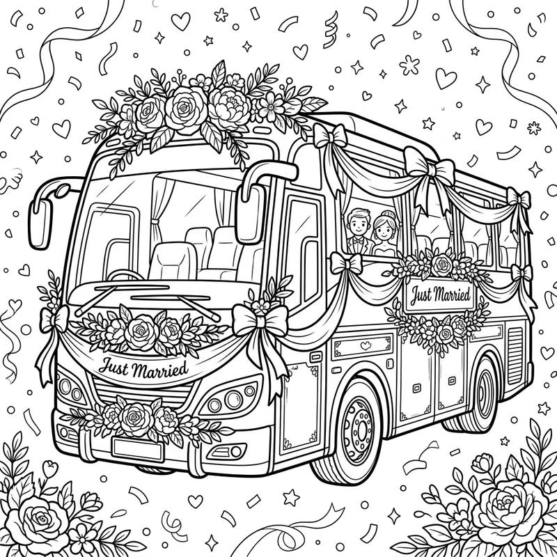 Get ready to celebrate with this unique wedding coach bus coloring page, perfect for teens! Adorned with beautiful floral arrangements and 'Just Married' signs, it captures the joy of a special day on wheels.