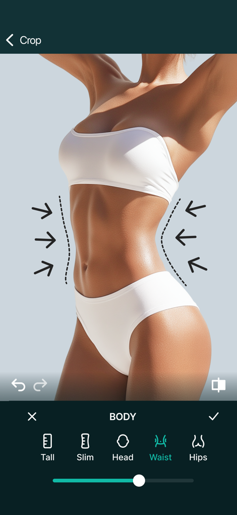 Funzione di snellimento della vita nell'app editor foto Tune Face and Body