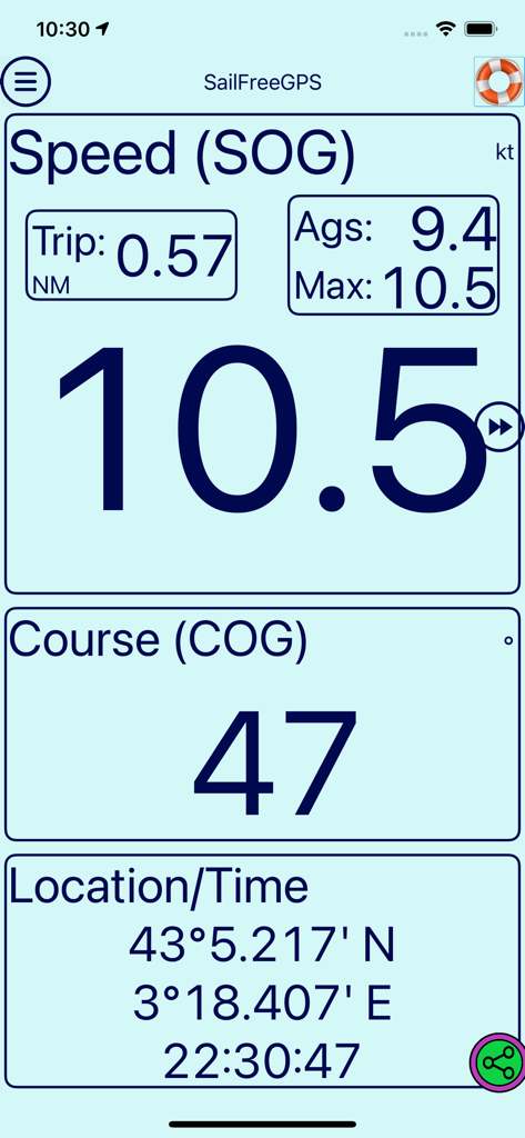 SailFreeGPS - SailFreeGPS screen displaying speed course and GPS coordinates
