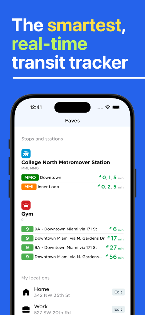 Next Ride Miami-Dade Transit - Next Ride Miami app favorites screen showing real-time Metromover and bus arrival times