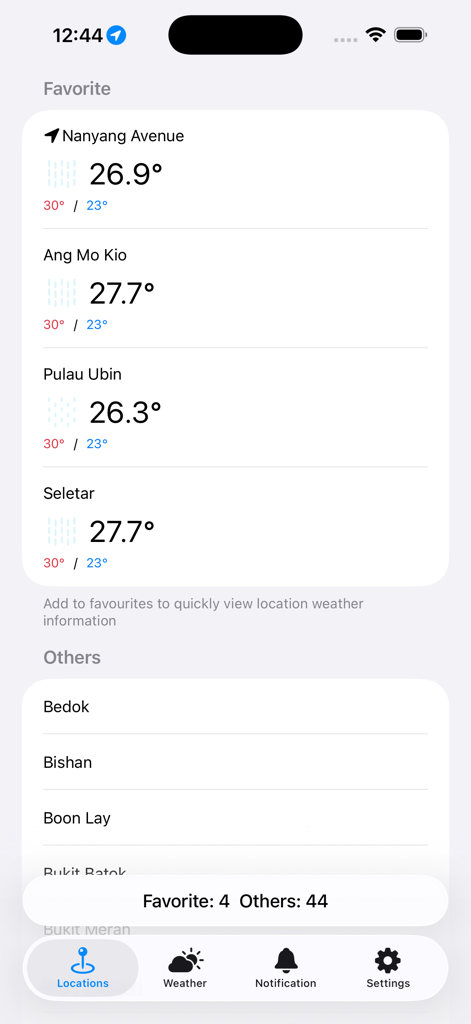 SG Weather Application - SG Weather App locations screen showing neighborhood temperatures and weather forecasts