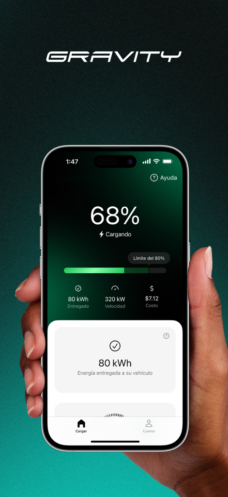 Gravity EV Charging - A hand holding a smartphone displaying the Gravity EV charging app interface with a 68 percent charge status and 320 kilowatt charging speed