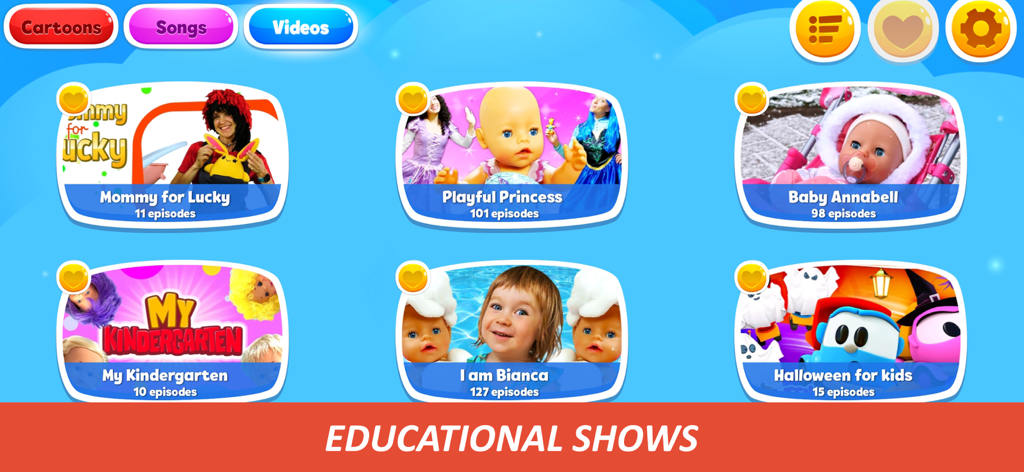 Interfaz de la aplicación Kapuki TV que muestra una colección de programas educativos para niños