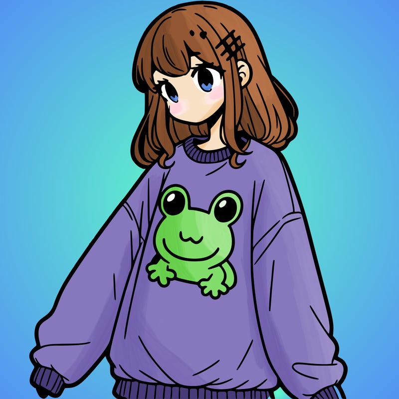 girl wearing frogging sweatshirt
