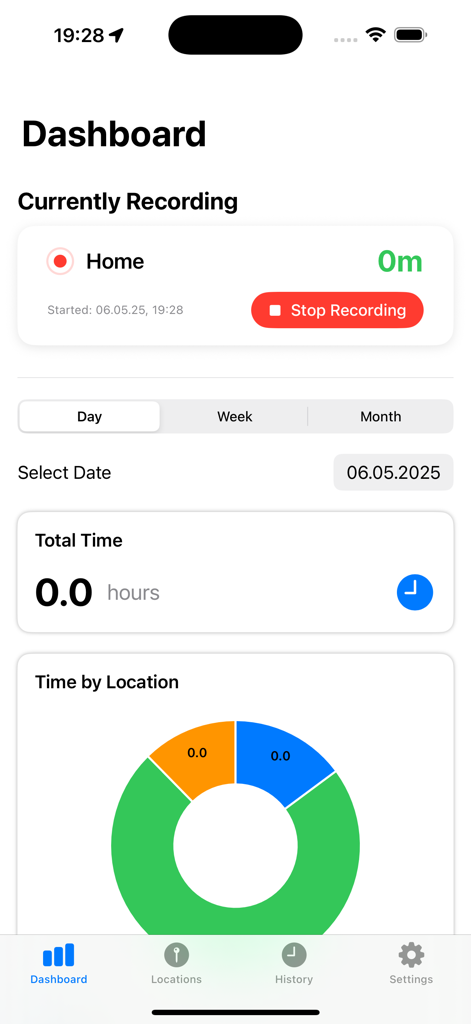 Mobile app dashboard for TimeAtLocation showing a live recording status and a donut chart of time spent by location