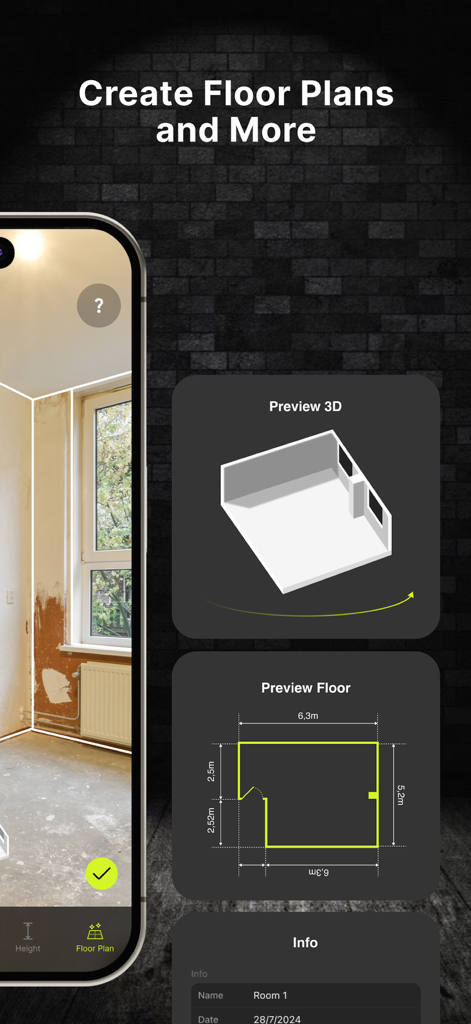 AR measuring app interface showing a 3D room model and a 2D floor plan with dimensions.