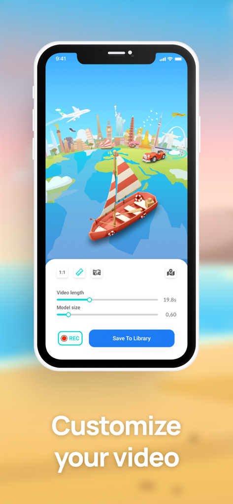 Travel Route: 3D Map & Plan - Interface d'application mobile montrant la personnalisation d'itinéraires de voyage 3D avec des paramètres de durée vidéo et de taille de modèle