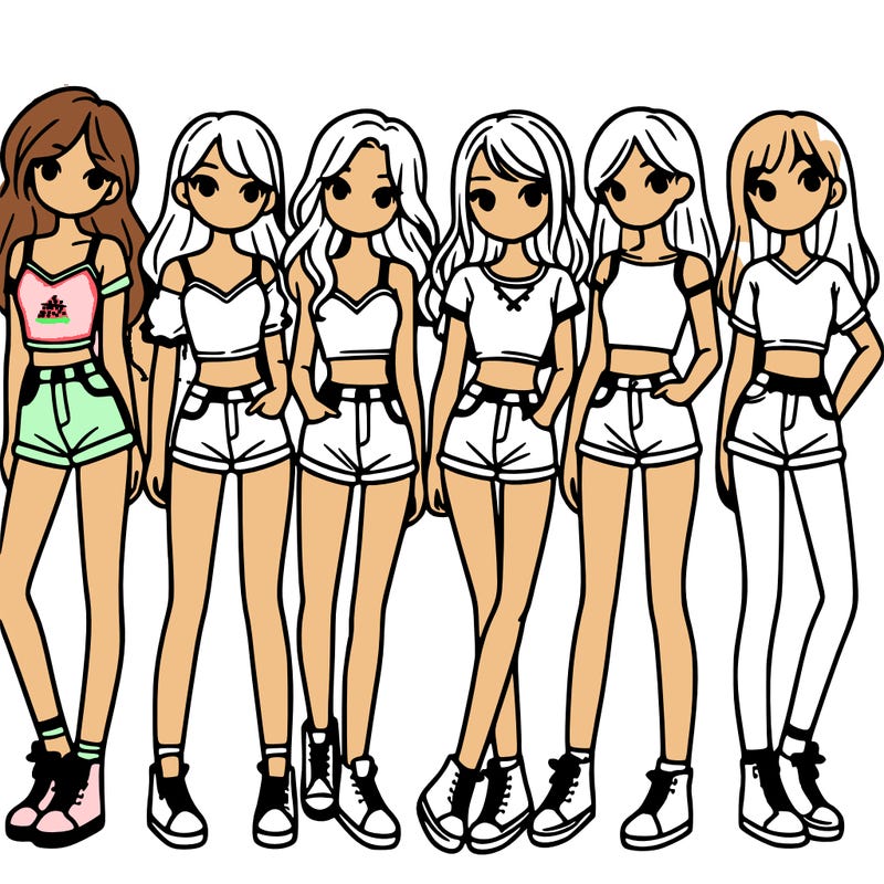 a group of girls wearing crop tops and shorts