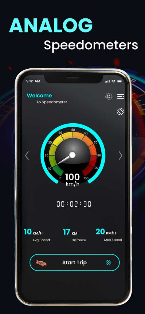 GPS Speedometer Speed Tracker - Analog speedometer interface showing current speed and trip statistics