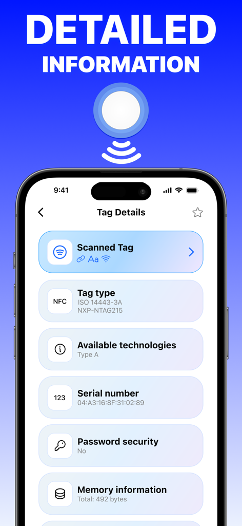 NFC Tools: Reader, Scanner Tag - Une interface d'application mobile affichant les détails techniques d'un tag NFC scanné, y compris le type de tag, le numéro de série et les informations de mémoire.