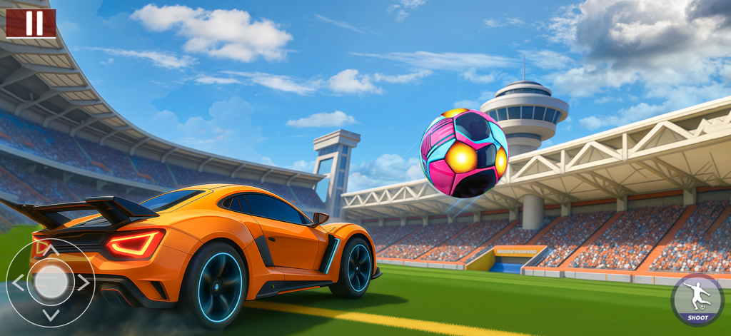 Rocket Car 3D - Ball Game - An orange sports car chasing a glowing colorful soccer ball in a 3D stadium.