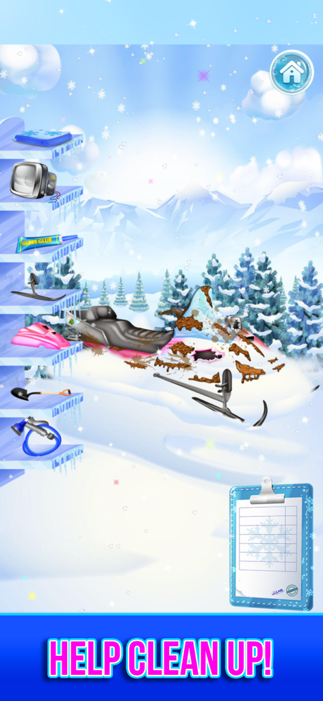 A dirty snowmobile in a snowy landscape with repair tools and a cleanup checklist