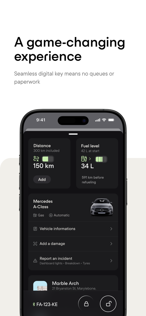 Virtuo app interface for car rental showing digital key and vehicle status