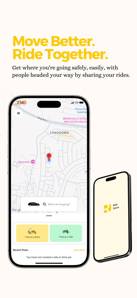 Rideshare NG - Rideshare NG app main screen showing a map interface with options to post as a driver or rider for carpooling
