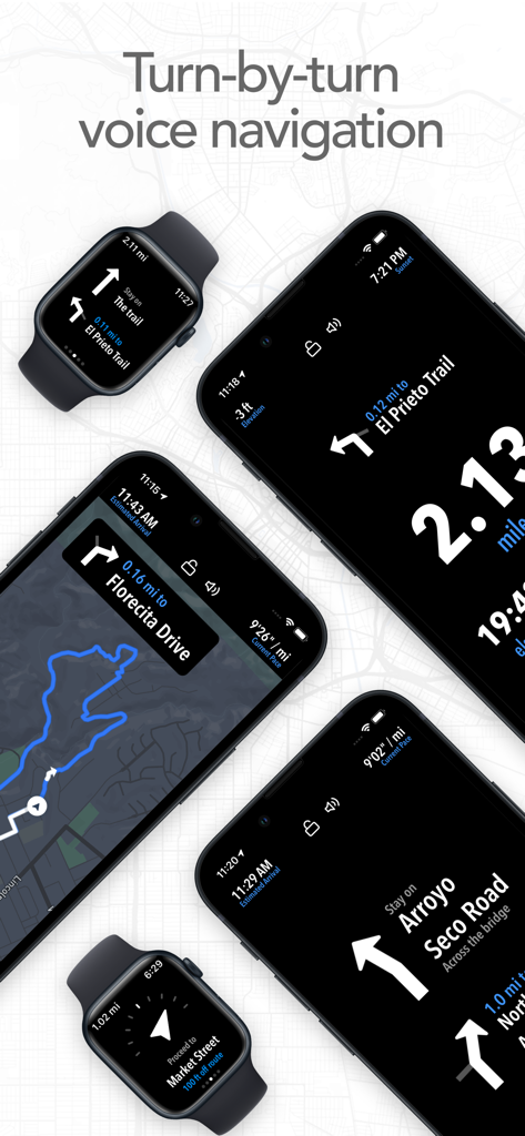 Footpath app displaying turn-by-turn voice navigation on iPhone and Apple Watch devices