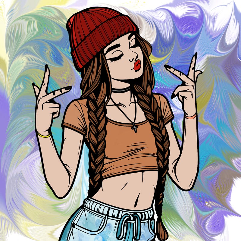 realistic teenage girl with braids and a beanie and crop top doing 🫶🏼