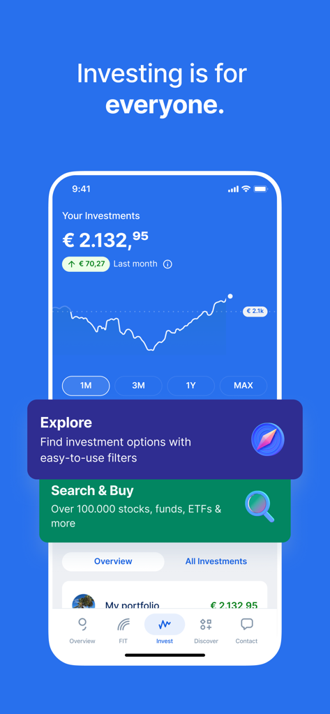 George Osterreich Mobile-App-Bildschirm, der das Anlageportfolio und Handelsoptionen für Aktien und ETFs zeigt.