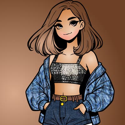 a realistic girl with a crop top and short shorts in an open jacket