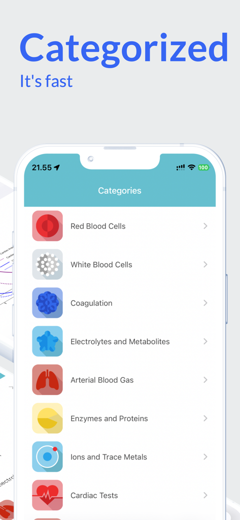 Medical Lab Tests - A screenshot of the Medical Lab Tests app showing organized categories for different lab values like Red Blood Cells and Cardiac Tests