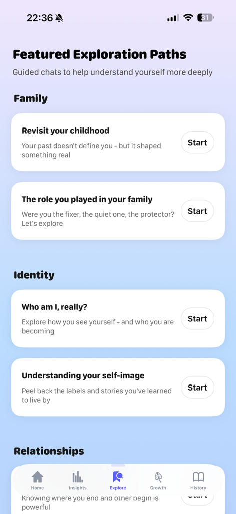 Willow-AI - Willow-AI mobile app screen showing guided self-reflection exploration paths for family and identity